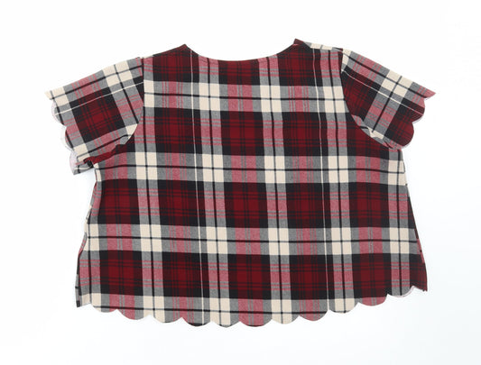 Cameo Rose Womens Red Plaid Polyester Cropped T-Shirt Size 14 Round Neck