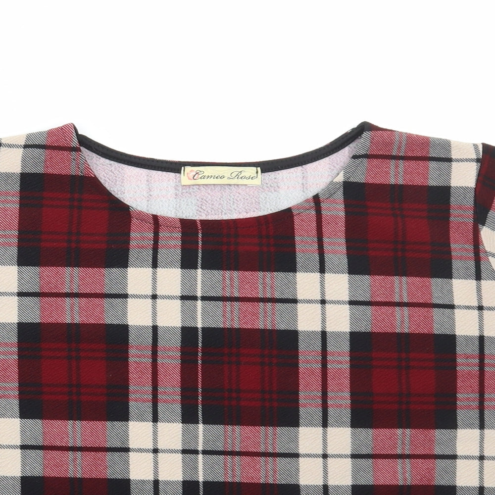 Cameo Rose Womens Red Plaid Polyester Cropped T-Shirt Size 14 Round Neck