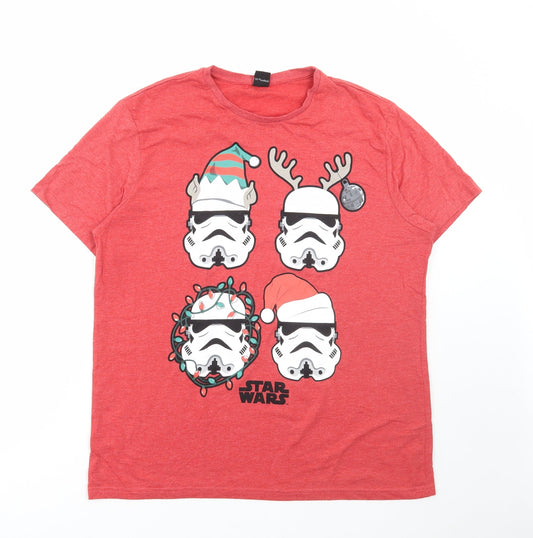 George Mens Red Polyester T-Shirt Size XL Round Neck - Star Wars Christmas