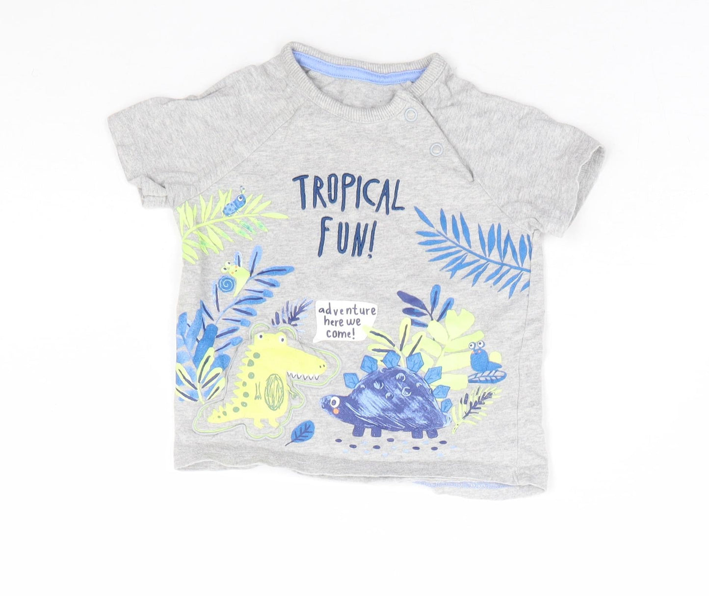 George Boys Grey 100% Cotton Basic T-Shirt Size 6-9 Months Round Neck Snap - Tropical Fun Dinosaur