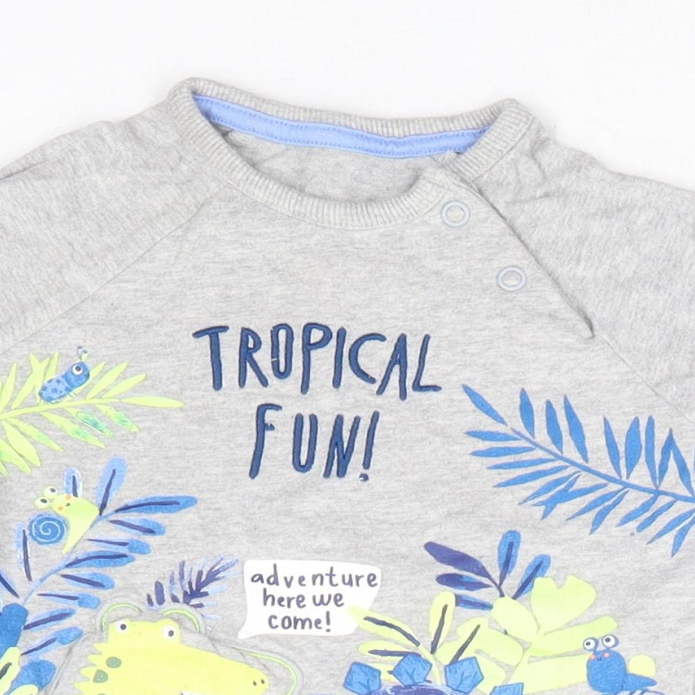 George Boys Grey 100% Cotton Basic T-Shirt Size 6-9 Months Round Neck Snap - Tropical Fun Dinosaur