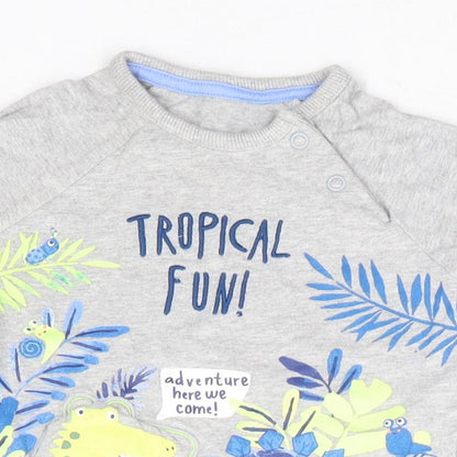 George Boys Grey 100% Cotton Basic T-Shirt Size 6-9 Months Round Neck Snap - Tropical Fun Dinosaur