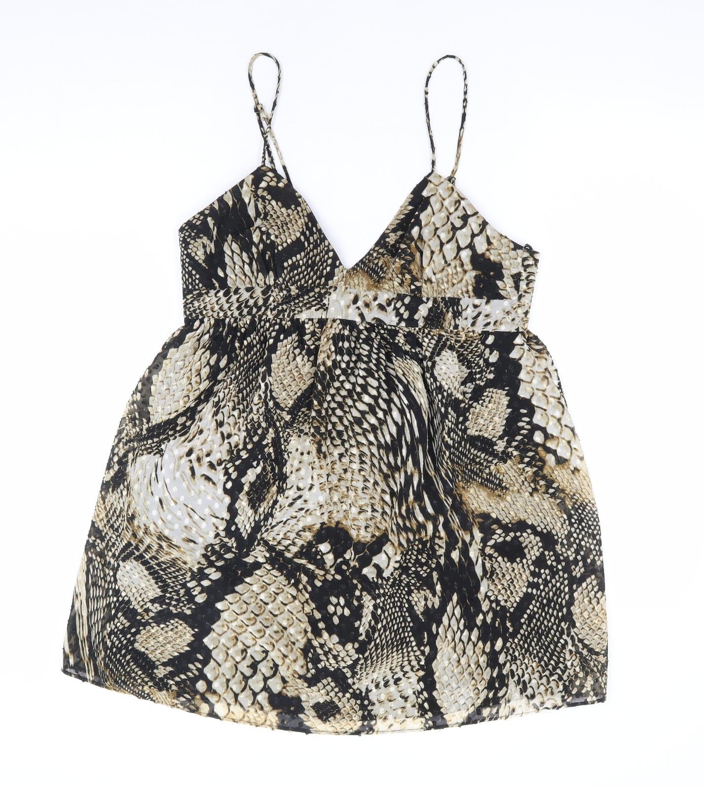Zara Womens Beige Animal Print Polyester Fit & Flare Size XS V-Neck Tie - Snake Skin Print Babydoll