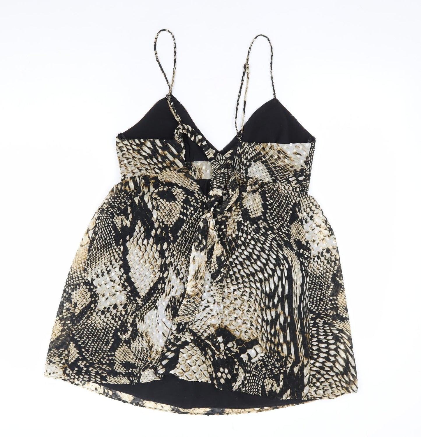 Zara Womens Beige Animal Print Polyester Fit & Flare Size XS V-Neck Tie - Snake Skin Print Babydoll