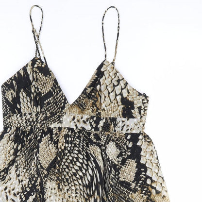Zara Womens Beige Animal Print Polyester Fit & Flare Size XS V-Neck Tie - Snake Skin Print Babydoll