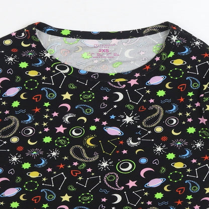 Primark Womens Multicoloured Geometric Polyester Basic T-Shirt Size 2XS Round Neck