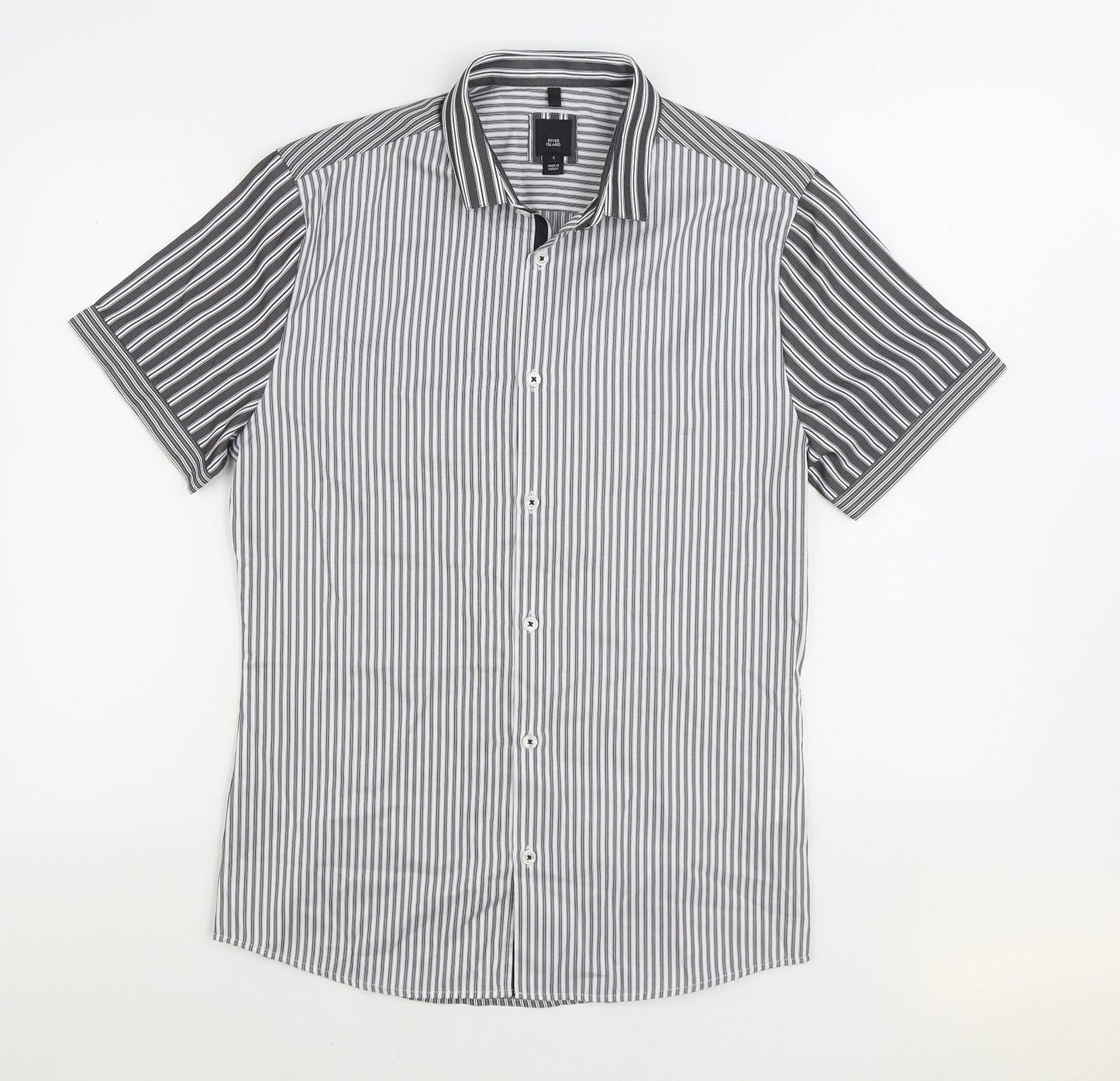 River Island Mens Black Striped Cotton Button-Up Size S Collared Button