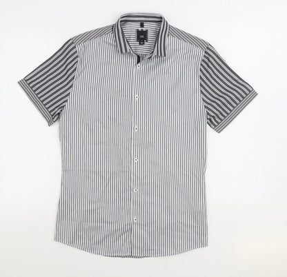 River Island Mens Black Striped Cotton Button-Up Size S Collared Button