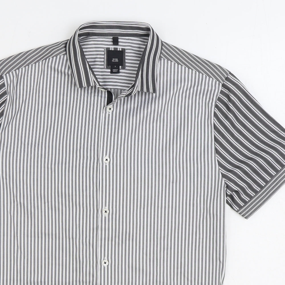 River Island Mens Black Striped Cotton Button-Up Size S Collared Button