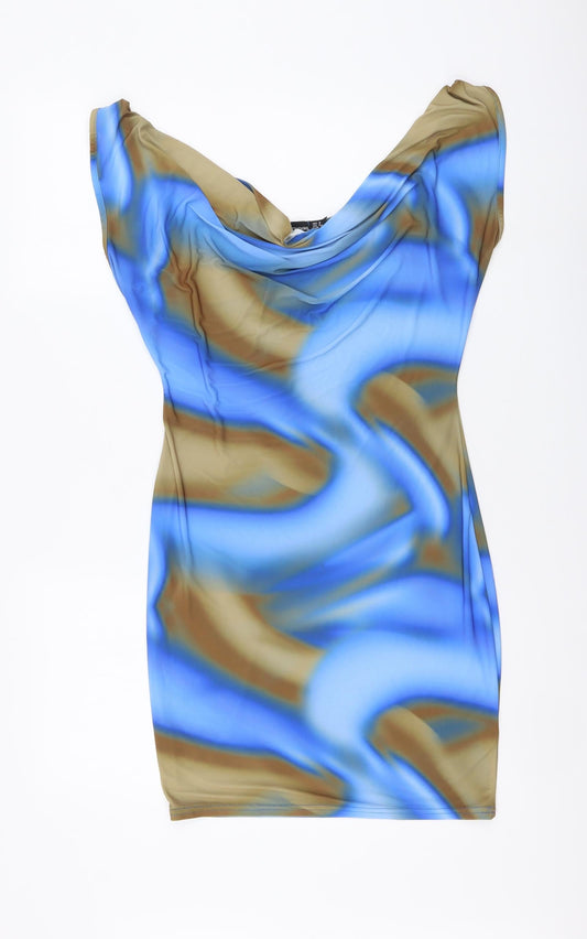 PRETTYLITTLETHING Womens Blue Tie Dye Polyester Mini Size 8 V-Neck Pullover