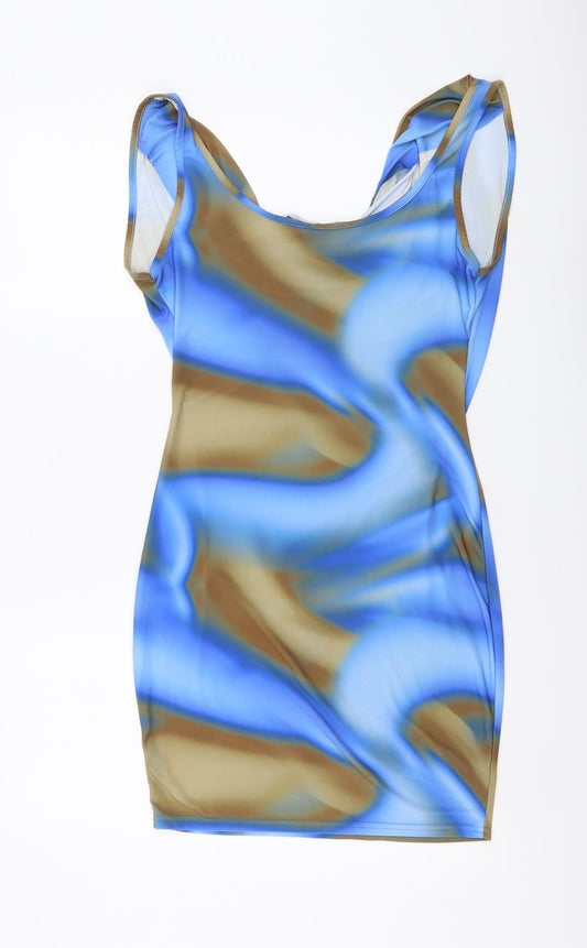 PRETTYLITTLETHING Womens Blue Tie Dye Polyester Mini Size 8 V-Neck Pullover