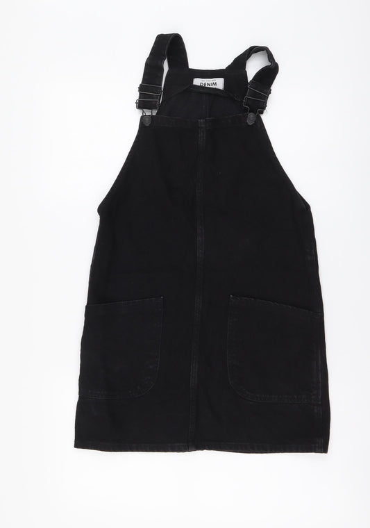 New Look Womens Black Cotton Pinafore/Dungaree Dress Size 6 Square Neck Pullover