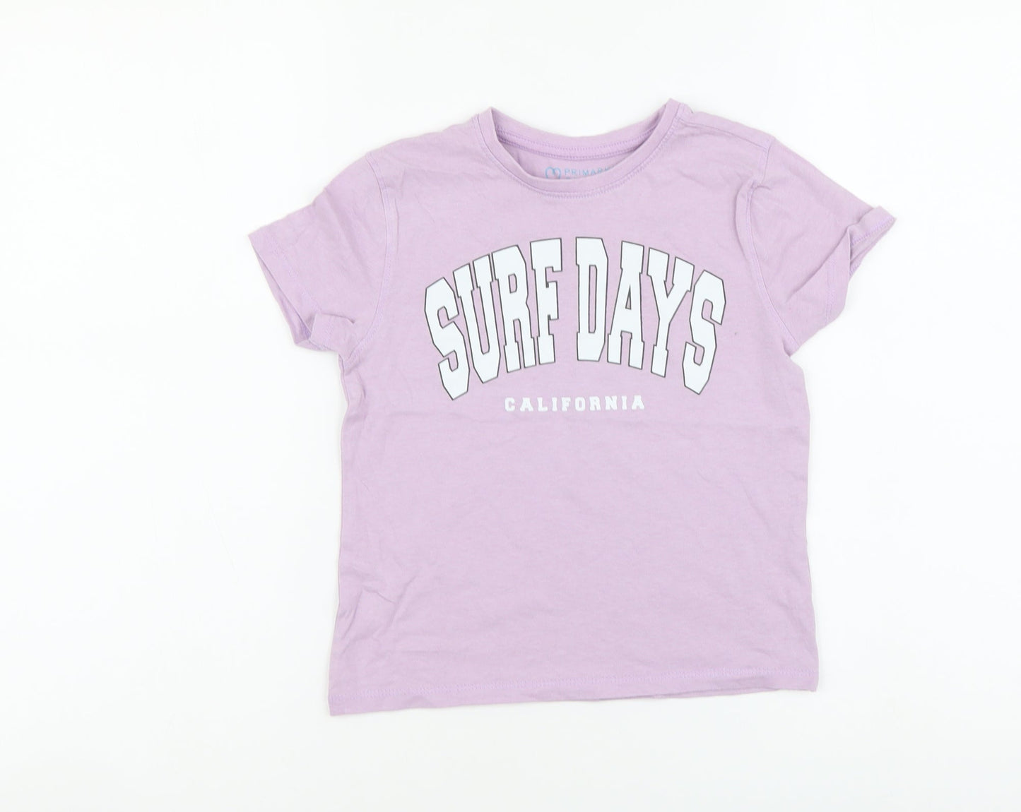 Primark Girls Purple Cotton Basic T-Shirt Size 4-5 Years Round Neck Pullover - California