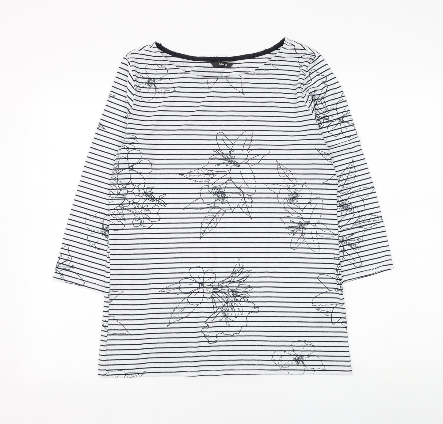 George Womens White Striped Polyester Basic T-Shirt Size 10 Boat Neck - Flower
