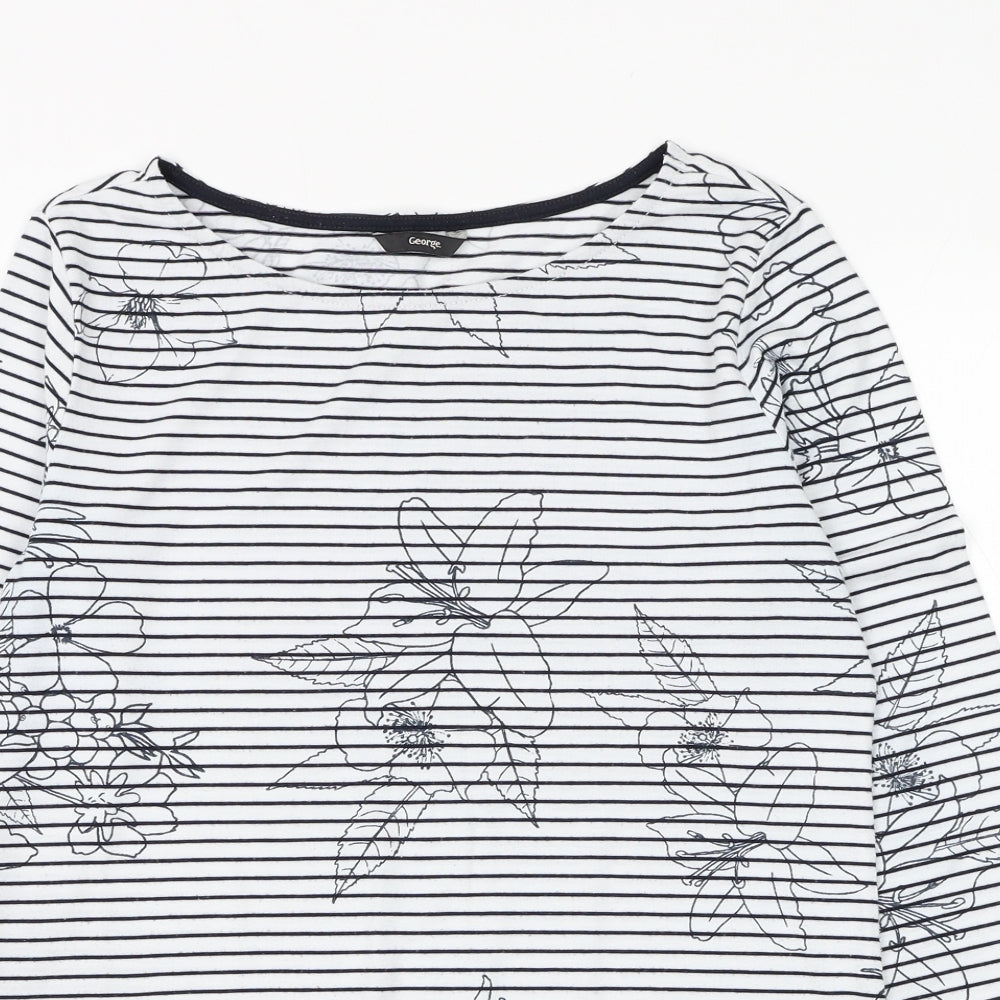 George Womens White Striped Polyester Basic T-Shirt Size 10 Boat Neck - Flower