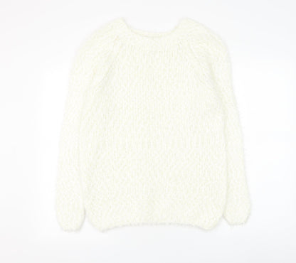 Fanrons Womens White Round Neck Polyester Pullover Jumper Size L