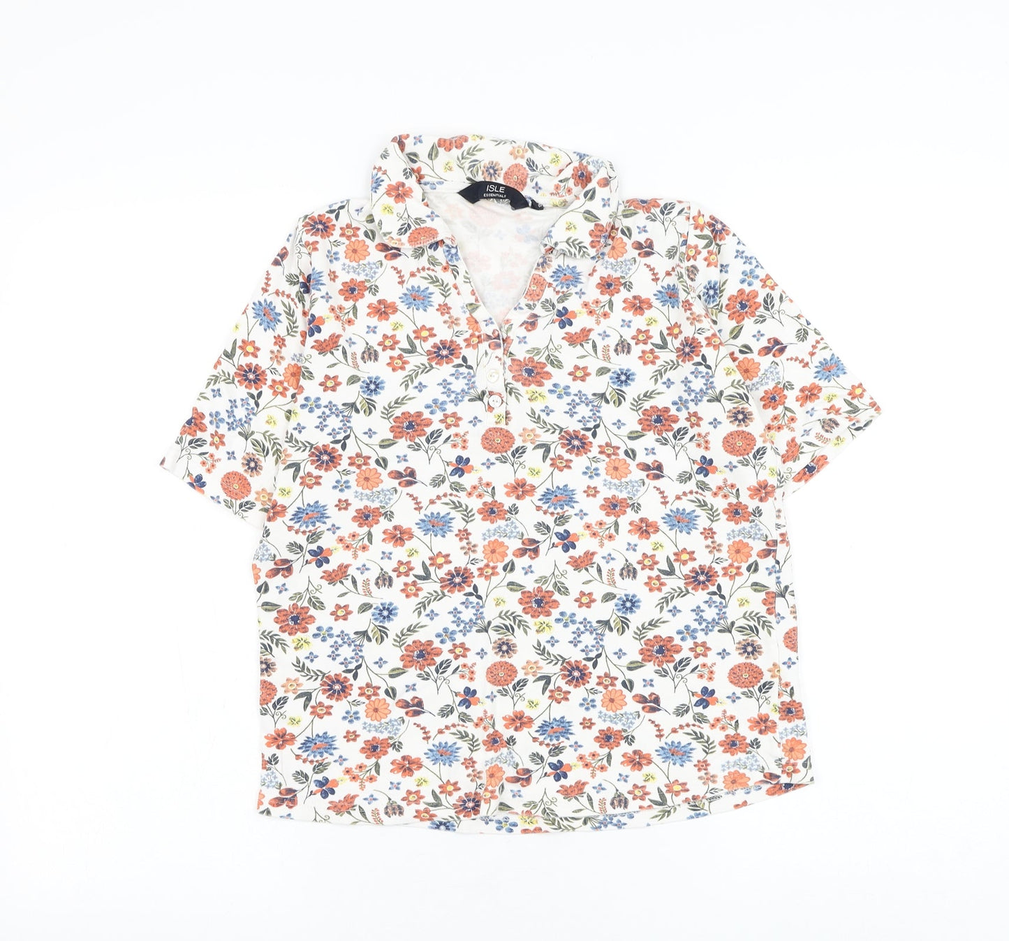 EWM Womens White Floral Cotton Basic Polo Size 10 Collared