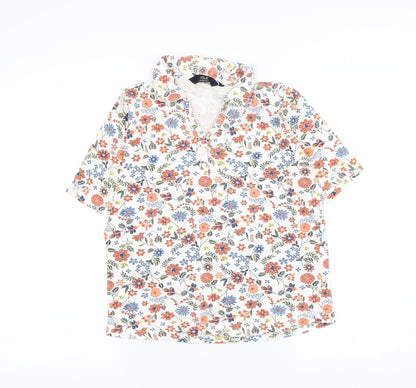 EWM Womens White Floral Cotton Basic Polo Size 10 Collared