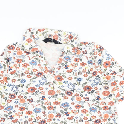EWM Womens White Floral Cotton Basic Polo Size 10 Collared