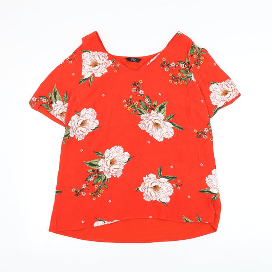 F&F Womens Red Floral Polyester Basic Blouse Size 14 Boat Neck