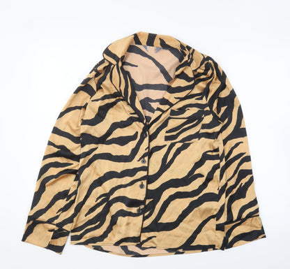 Primark Womens Brown Animal Print Polyester Basic Button-Up Size 2XS Collared - Tiger Print