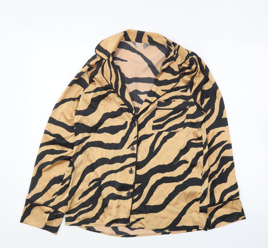 Primark Womens Brown Animal Print Polyester Basic Button-Up Size 2XS Collared - Tiger Print