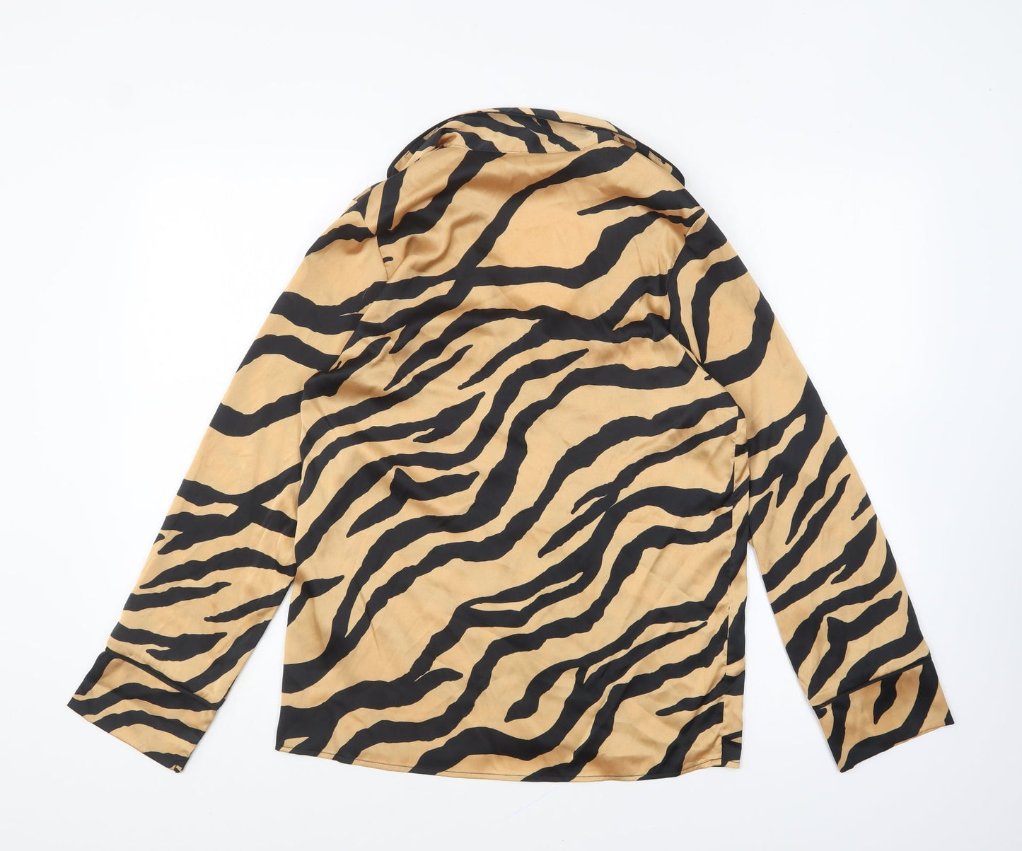 Primark Womens Brown Animal Print Polyester Basic Button-Up Size 2XS Collared - Tiger Print
