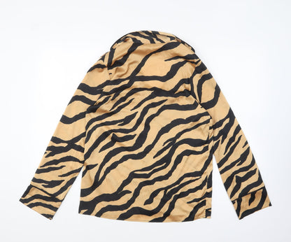 Primark Womens Brown Animal Print Polyester Basic Button-Up Size 2XS Collared - Tiger Print