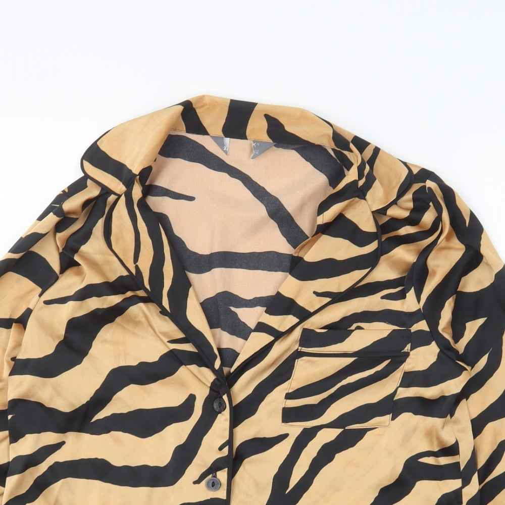 Primark Womens Brown Animal Print Polyester Basic Button-Up Size 2XS Collared - Tiger Print