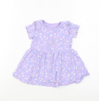 Dunnes Stores Girls Purple Geometric Cotton Skater Dress Size 6-9 Months Round Neck Pullover