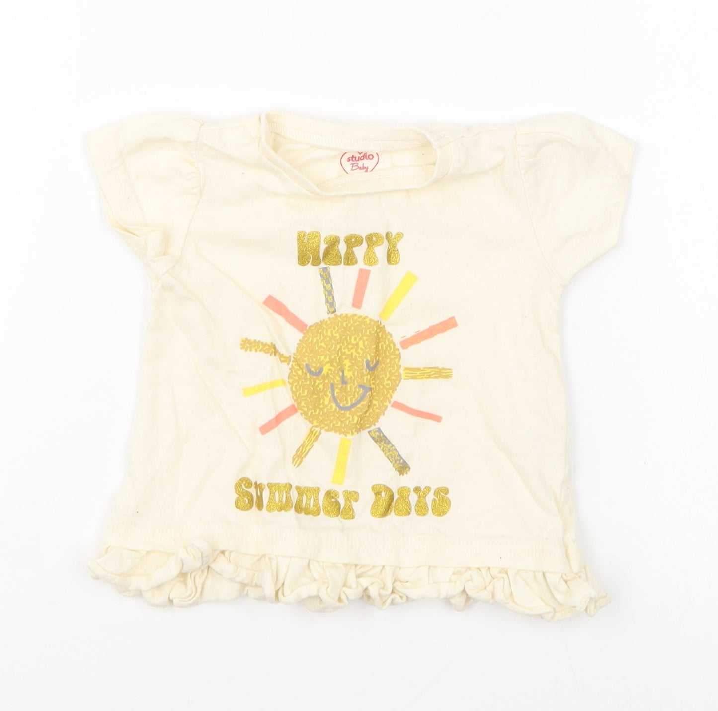Studio Girls Yellow Cotton Basic T-Shirt Size 6-9 Months Round Neck Pullover - Happy Summer Days