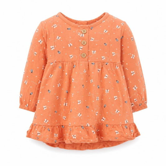 Nutmeg Girls Orange Geometric Cotton Skater Dress Size 3-6 Months Round Neck Snap - Bee's & Butterfly