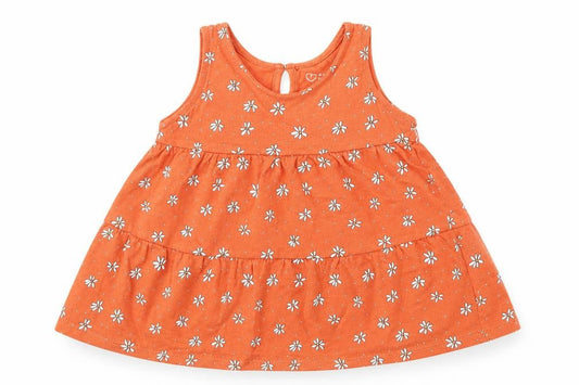 Primark Girls Orange Geometric Cotton Skater Dress Size 6-9 Months Round Neck Button - Daisy Print