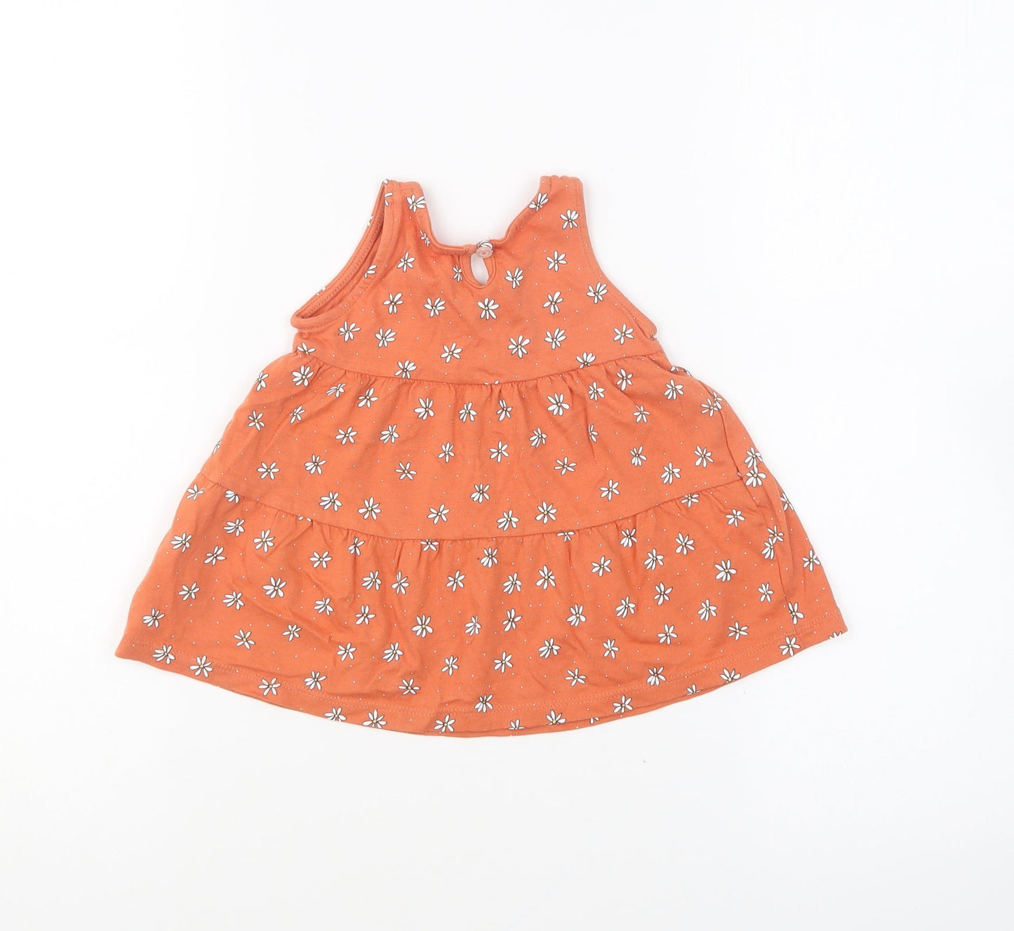 Primark Girls Orange Geometric Cotton Skater Dress Size 6-9 Months Round Neck Button - Daisy Print