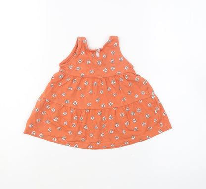Primark Girls Orange Geometric Cotton Skater Dress Size 6-9 Months Round Neck Button - Daisy Print