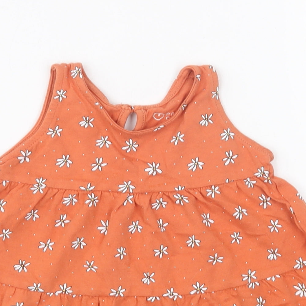 Primark Girls Orange Geometric Cotton Skater Dress Size 6-9 Months Round Neck Button - Daisy Print