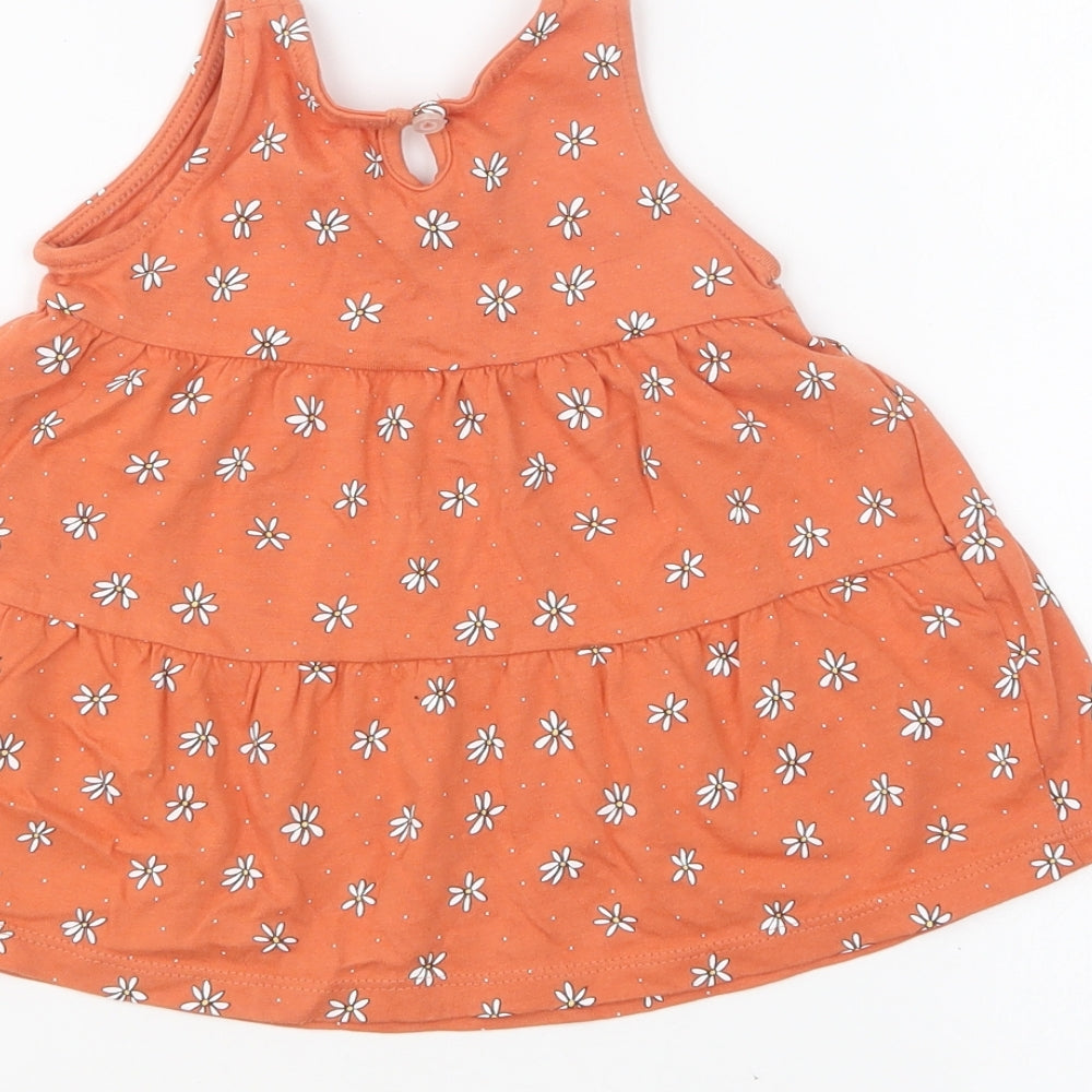 Primark Girls Orange Geometric Cotton Skater Dress Size 6-9 Months Round Neck Button - Daisy Print