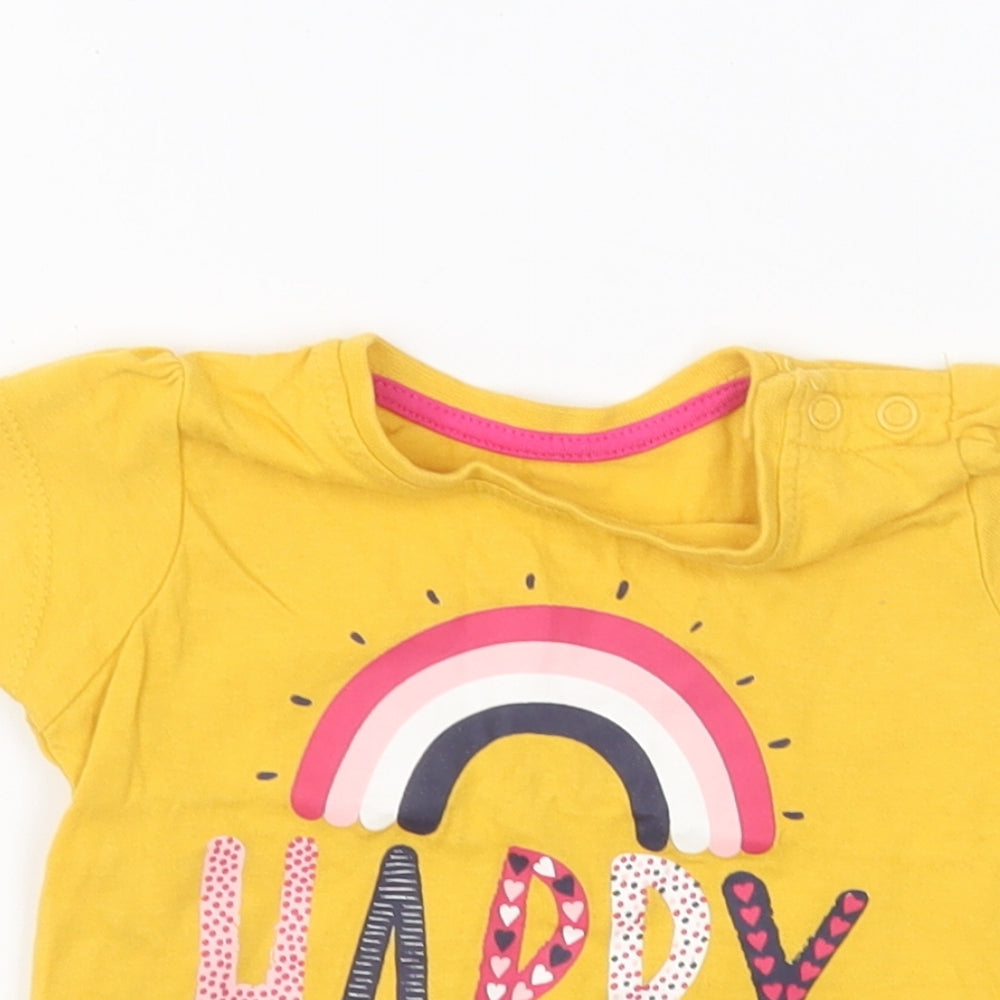 Primark Girls Yellow Cotton Basic T-Shirt Size 3-6 Months Round Neck Pullover - Happy