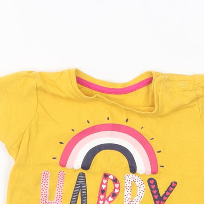 Primark Girls Yellow Cotton Basic T-Shirt Size 3-6 Months Round Neck Pullover - Happy
