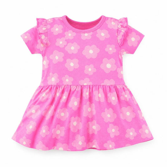 Dunnes Stores Girls Pink Geometric Cotton Skater Dress Size 6-9 Months Round Neck Pullover