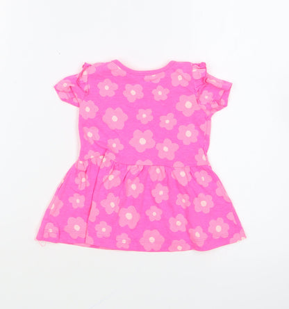 Dunnes Stores Girls Pink Geometric Cotton Skater Dress Size 6-9 Months Round Neck Pullover