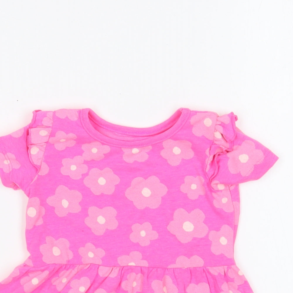 Dunnes Stores Girls Pink Geometric Cotton Skater Dress Size 6-9 Months Round Neck Pullover