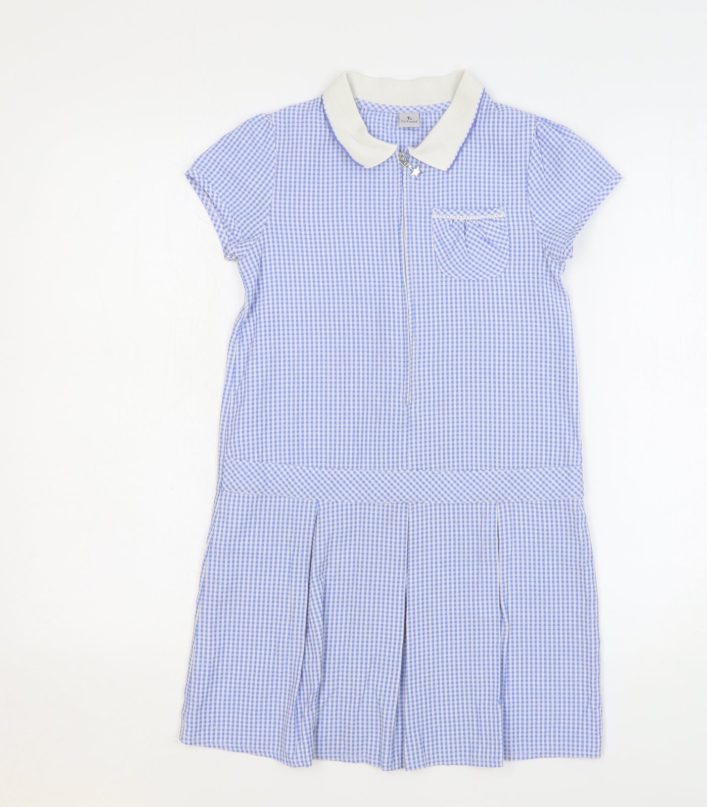 TU Womens Blue Check Cotton Shift Size 8 Collared Zip