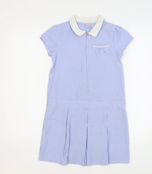 TU Womens Blue Check Cotton Shift Size 8 Collared Zip