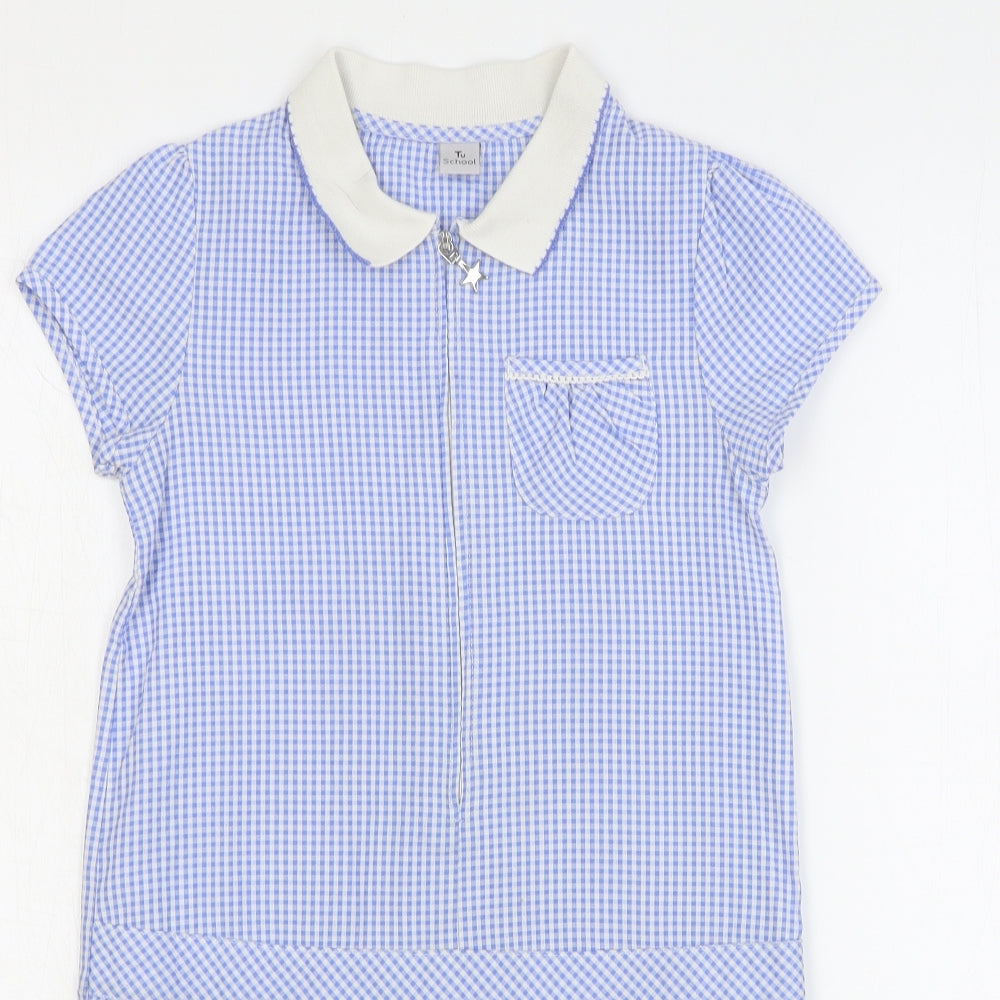 TU Womens Blue Check Cotton Shift Size 8 Collared Zip