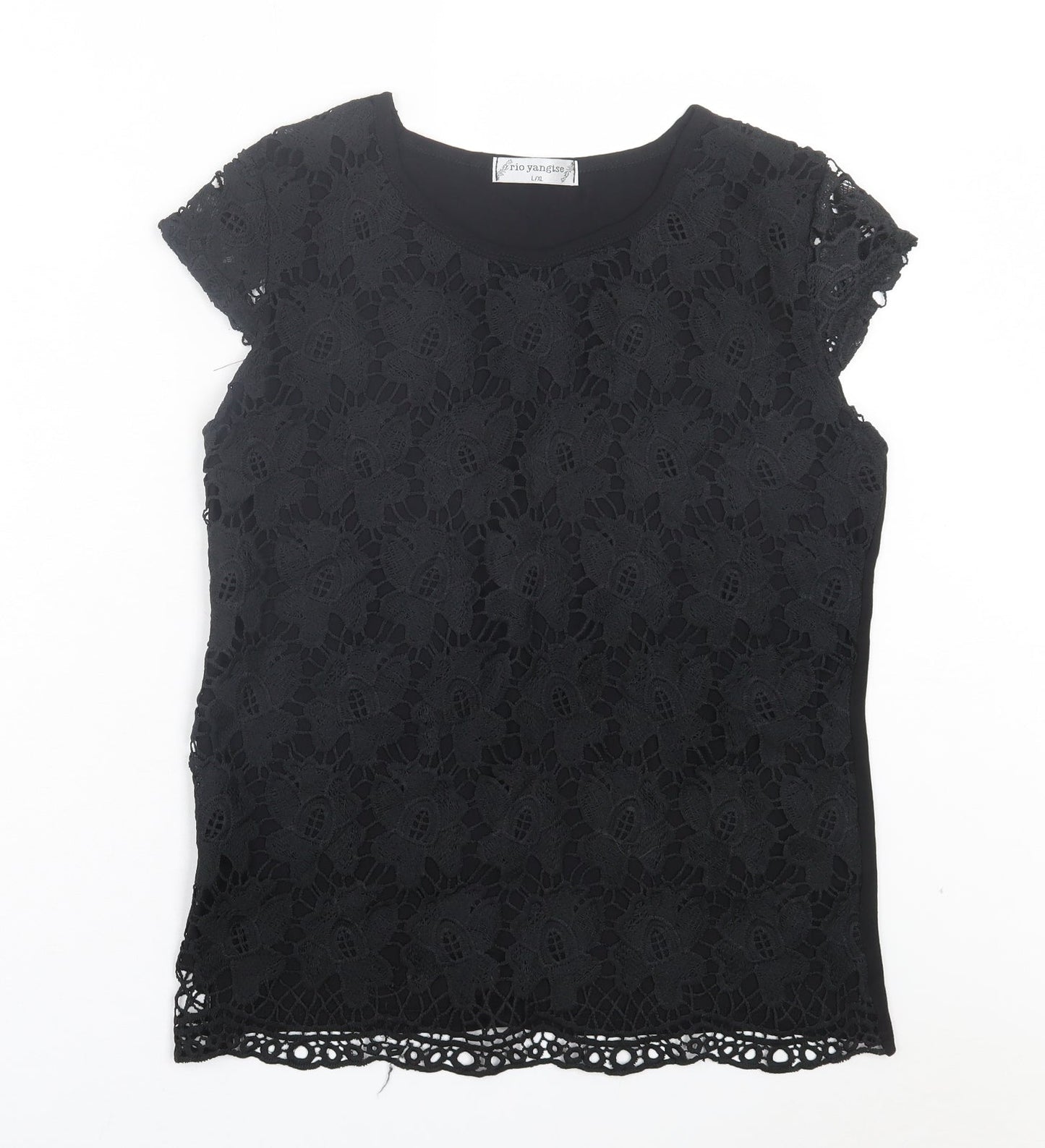 Rio Yangtse Womens Black Floral Polyester Basic T-Shirt Size L Crew Neck