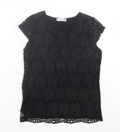 Rio Yangtse Womens Black Floral Polyester Basic T-Shirt Size L Crew Neck