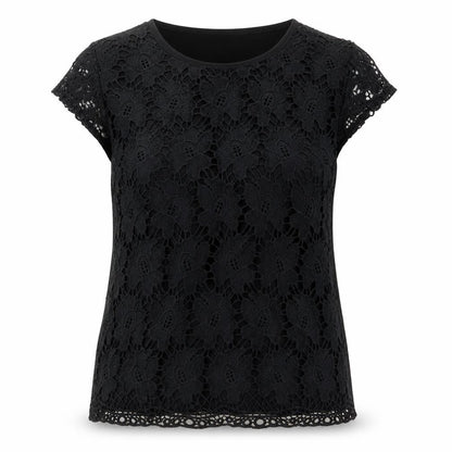 Rio Yangtse Womens Black Floral Polyester Basic T-Shirt Size L Crew Neck