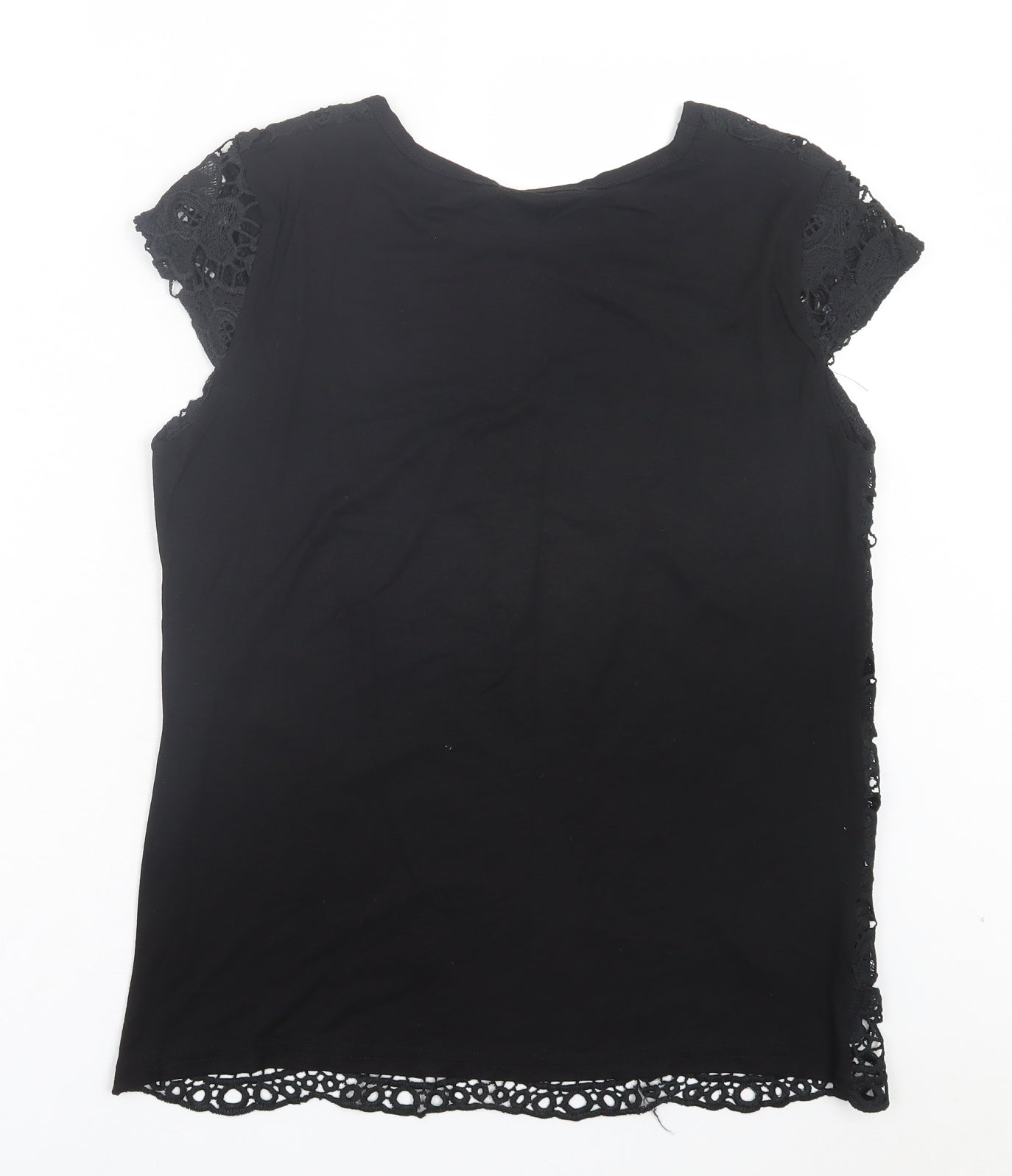 Rio Yangtse Womens Black Floral Polyester Basic T-Shirt Size L Crew Neck