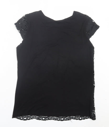 Rio Yangtse Womens Black Floral Polyester Basic T-Shirt Size L Crew Neck